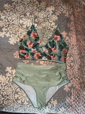 SHEIN Mint Green Floral Pineapple High Waisted Bikini